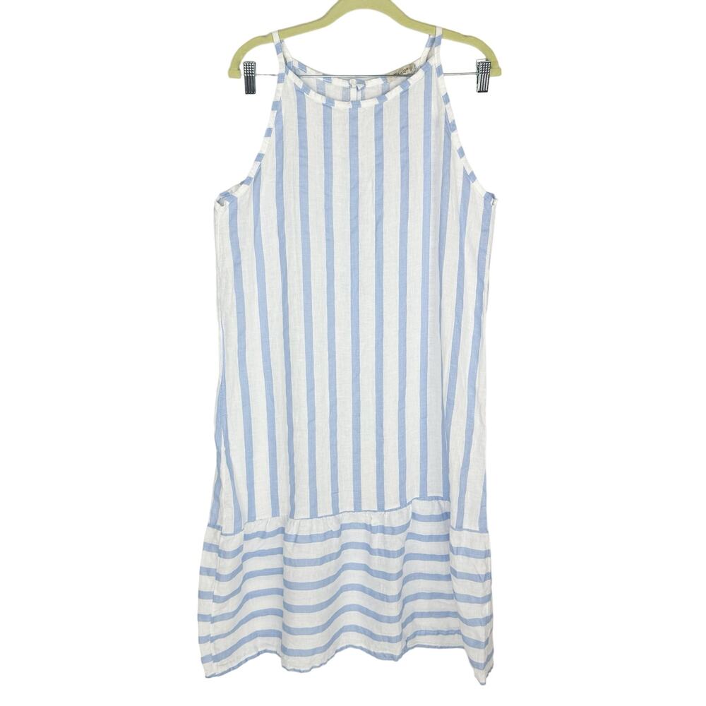 Nwot Lungo L'arno White Blue Striped Relaxed Fit Midi Linen Dress Large Nautical
